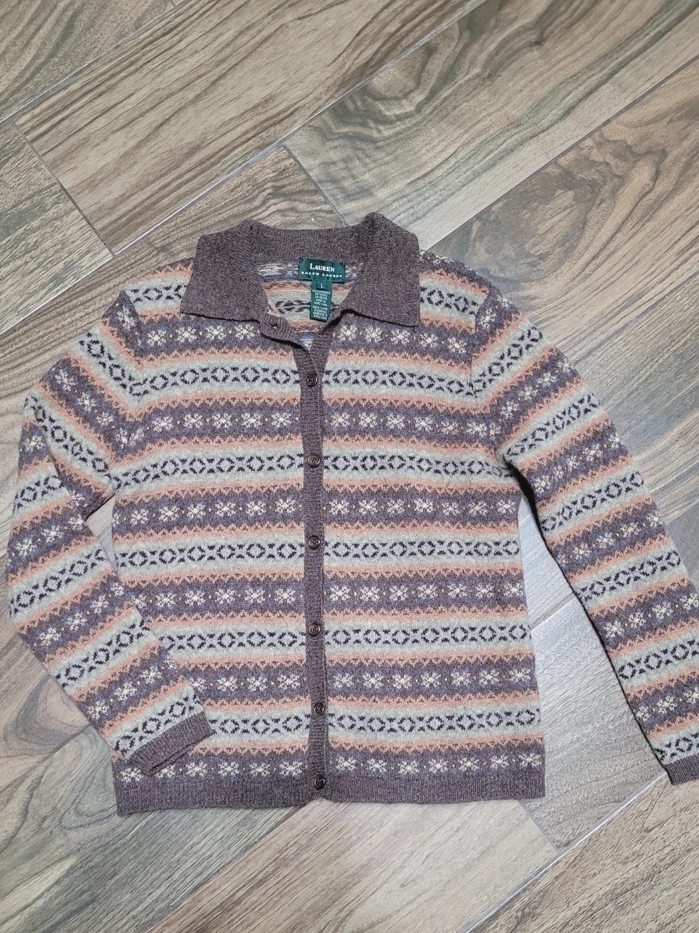 Ralph Lauren Brown, Cream & Peach Striped Fair Isle Button-Up Cardigan